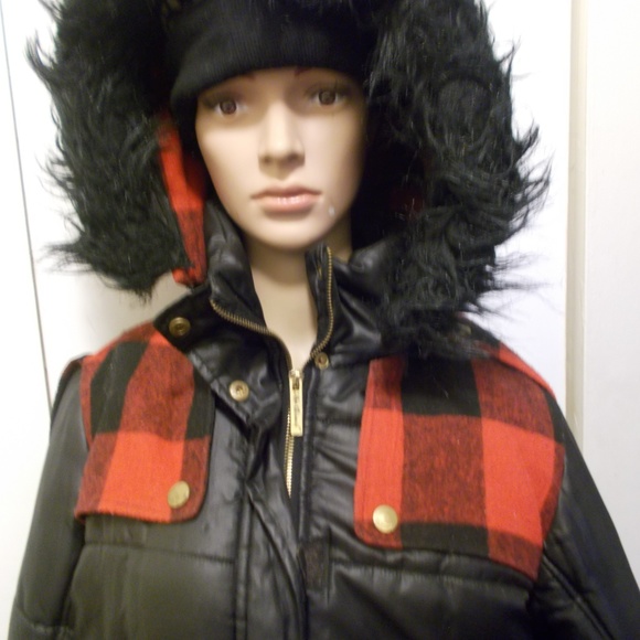 black & red plaid jacket bomber puffer coat large - Picture 2 of 9
